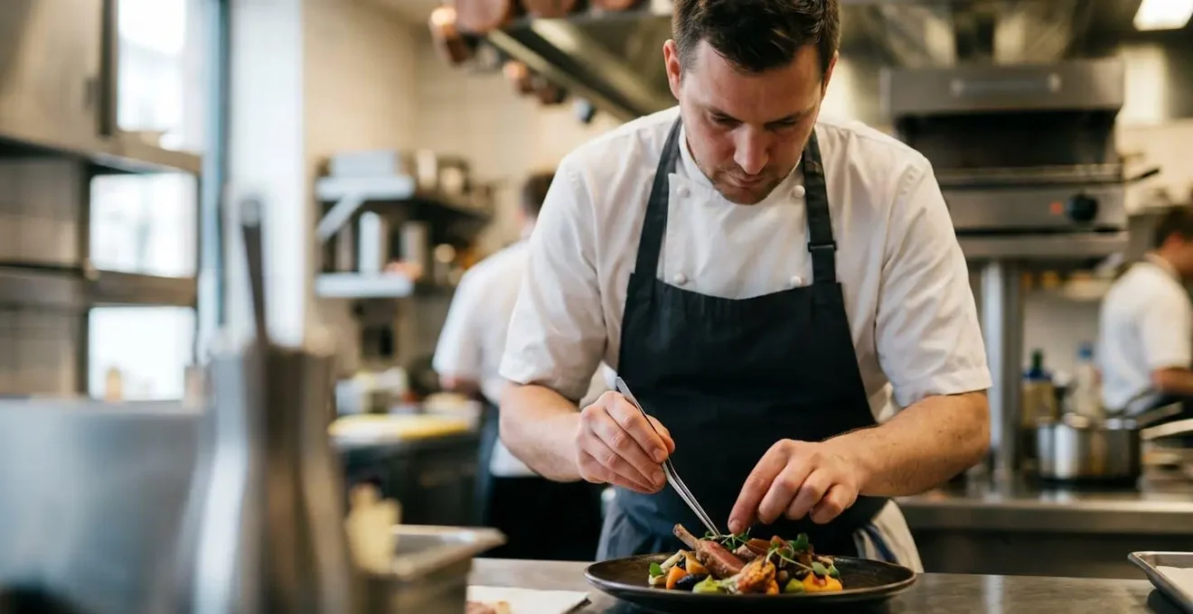 Chef working passionately in a vibrant one-star restaurant kitchen environment