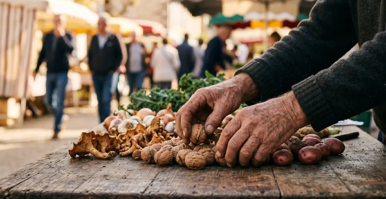 Hands arranging fresh seasonal produce at an authentic French Périgord farmers market stall