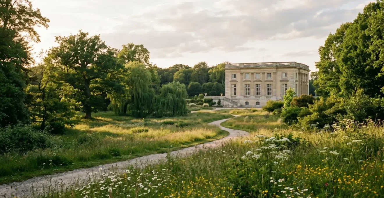 Intimate view of Petit Trianon palace with its surrounding English gardens creating a serene atmosphere.