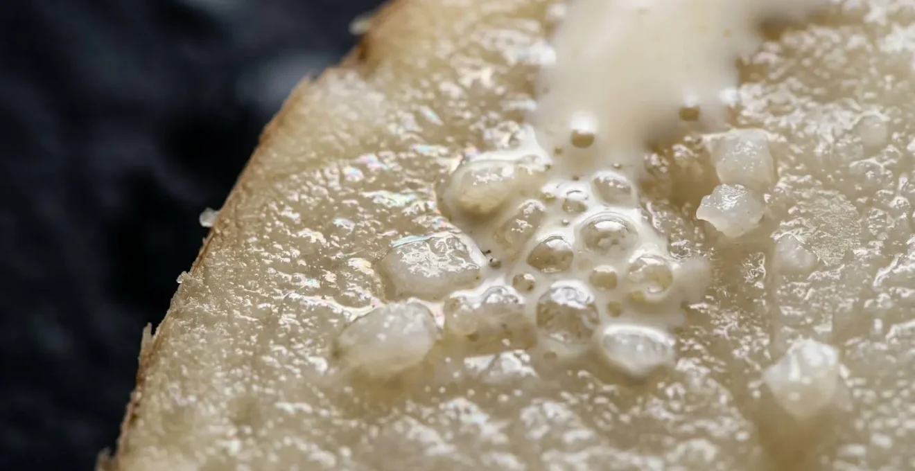 Extreme macro detail of potato starch granules emulsifying with cream fat molecules during gratin cooking