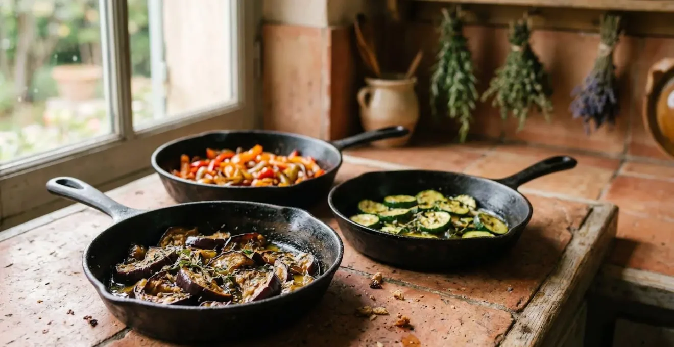 Individual cast iron pans with separately cooked Provençal vegetables showing distinct textures and colors