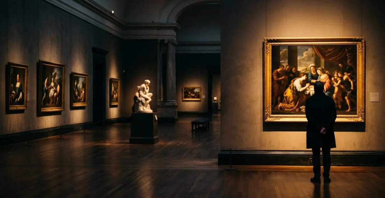 Serene museum gallery during evening hours with dramatic lighting on sculptures