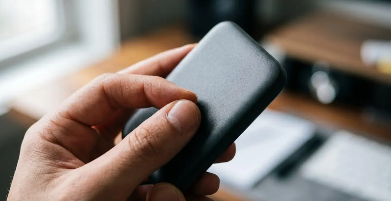 Close-up of hands using a smartphone to photograph a product for reverse image search verification, shallow depth of field focusing on the gesture