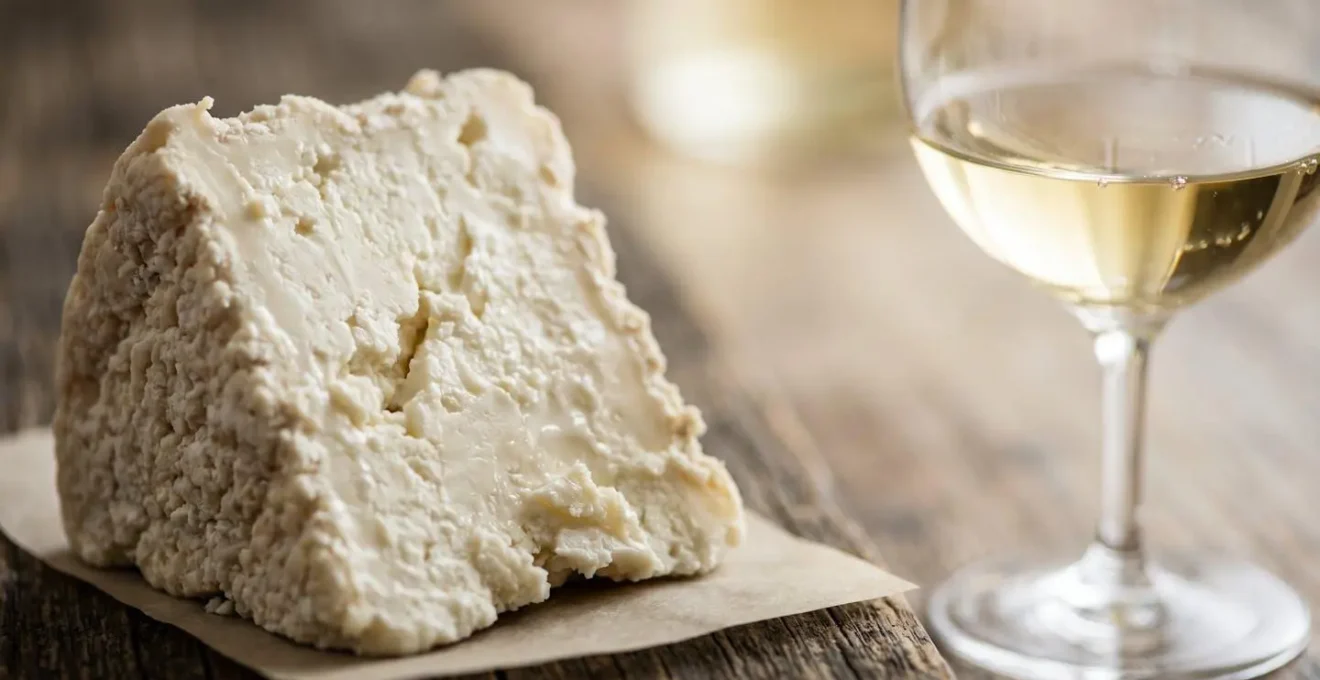 Close-up macro shot of crumbly goat cheese texture paired with wine glass showing mineral clarity