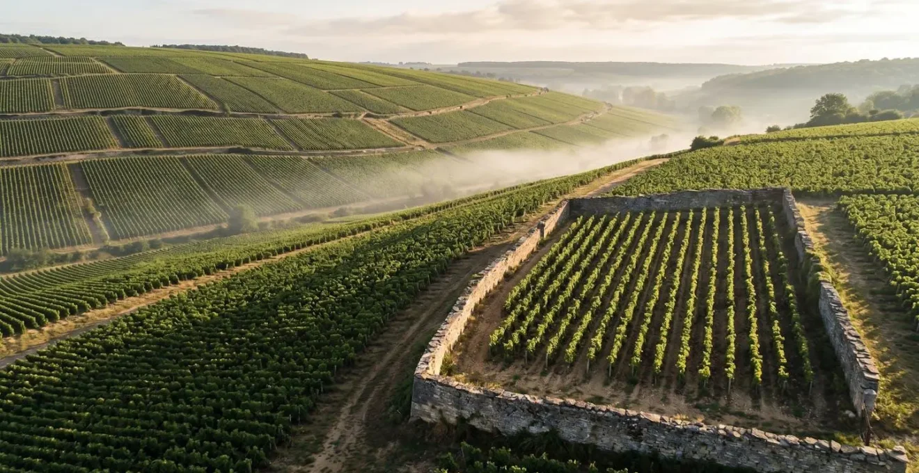 Contrasting wine production volumes showing tiny monopole vineyard output versus larger Grand Cru parcels