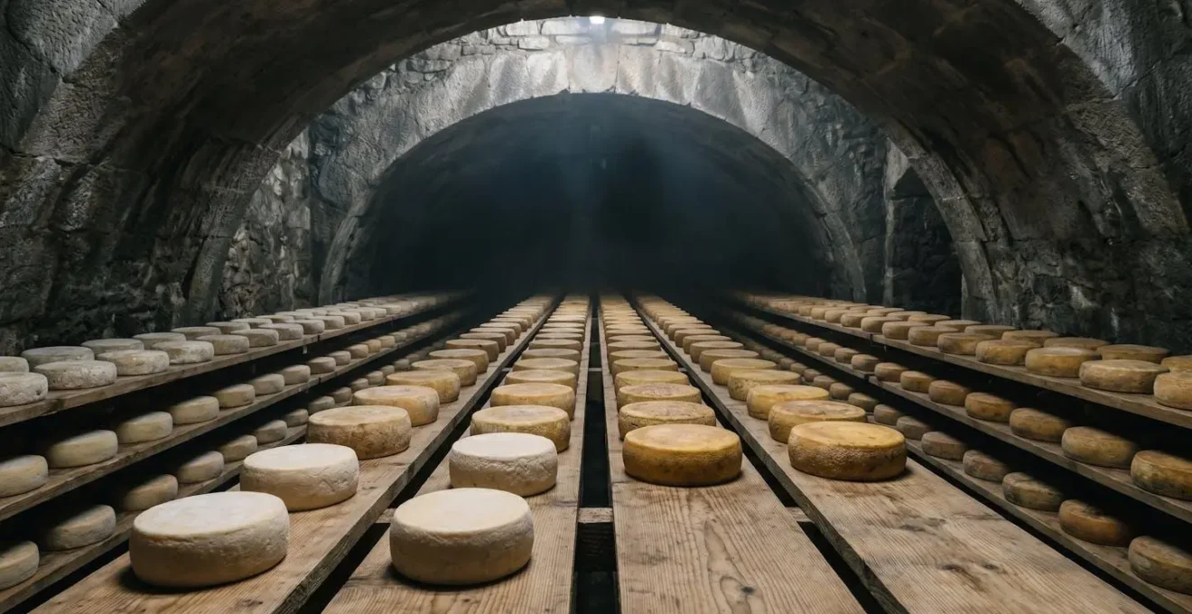 Environmental wide shot of traditional cheese aging cellar with wooden planks and natural aging progression visible through ambient lighting