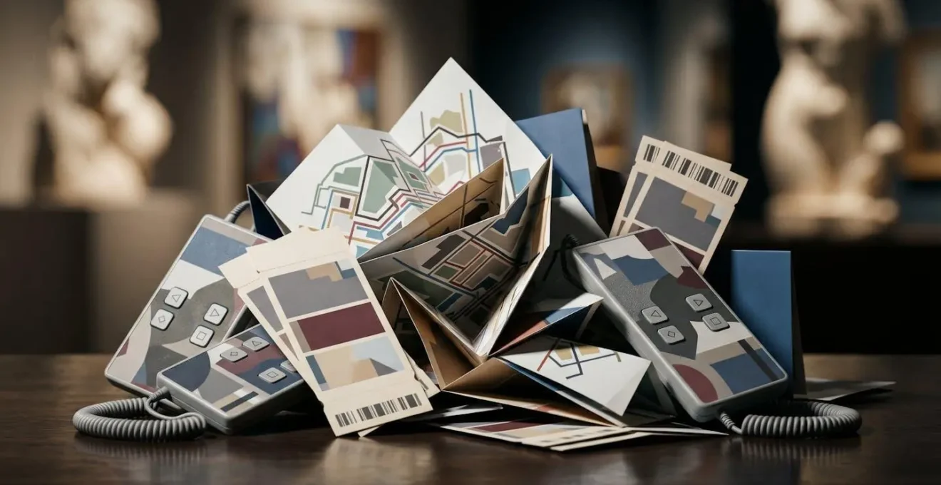 Abstract representation of museum cognitive overload through layered visual fragments and fragmented perspectives symbolizing information saturation