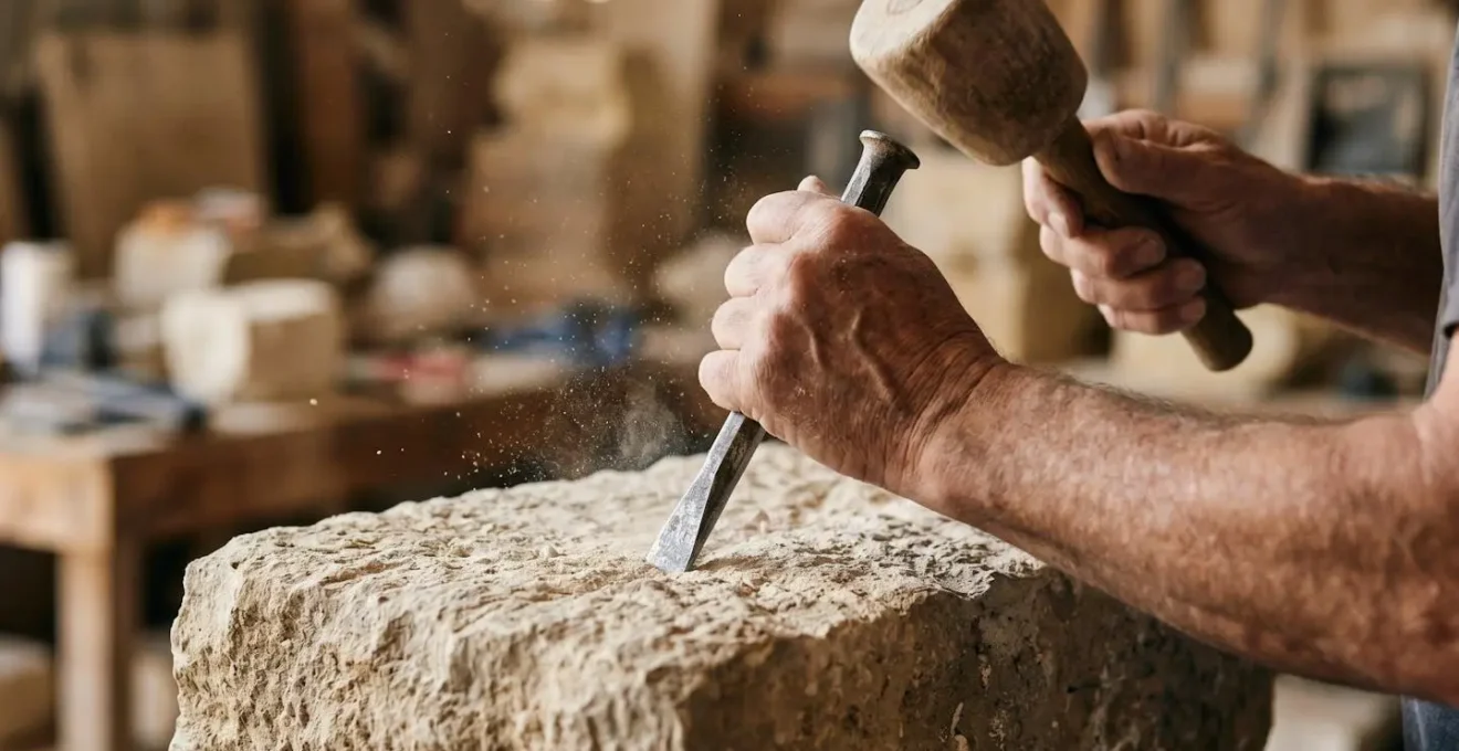 Intimate close-up of weathered artisan hands carefully shaping rough stone with traditional hand tools showing authentic craftsmanship technique