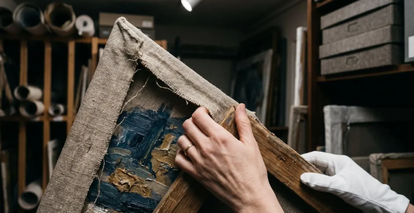 Exclusive back room of small Parisian gallery with collector viewing unstretched canvases