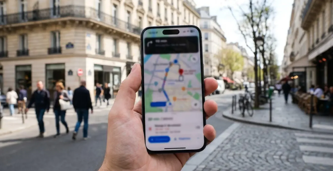 Close-up of a smartphone screen displaying a transit app interface with a map view showing bus routes and location pins, held outdoors in natural daylight