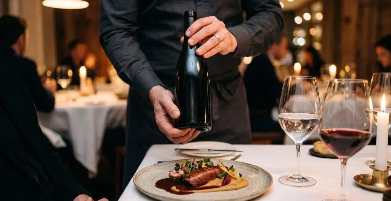 Sommelier's hands presenting wine bottle at elegant dinner table with carefully plated dish