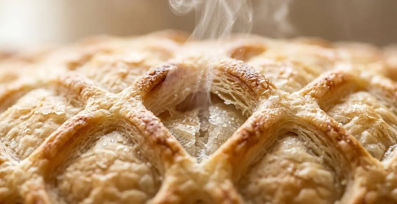 Macro close-up of puff pastry layers showing steam escaping through strategic scoring cuts with visible moisture droplets and texture detail