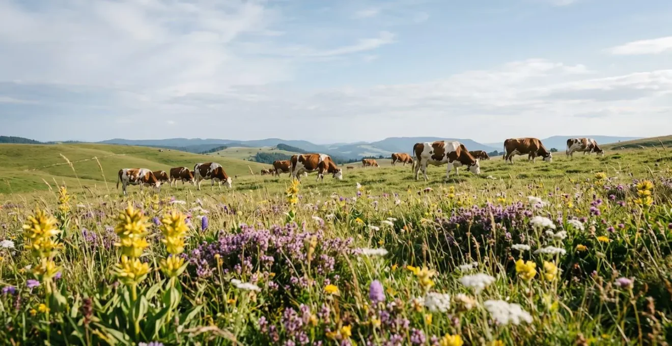 Montbéliarde cows grazing on lush summer wildflower pastures in the Jura mountains with diverse alpine flora in the foreground