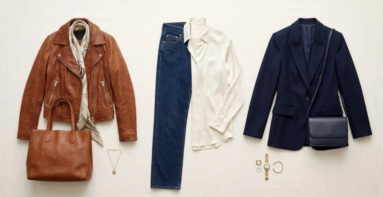 A minimalist flat lay showing a core outfit of jeans and a shirt adapted for the Marais with a leather jacket and for Marylebone with a structured blazer.
