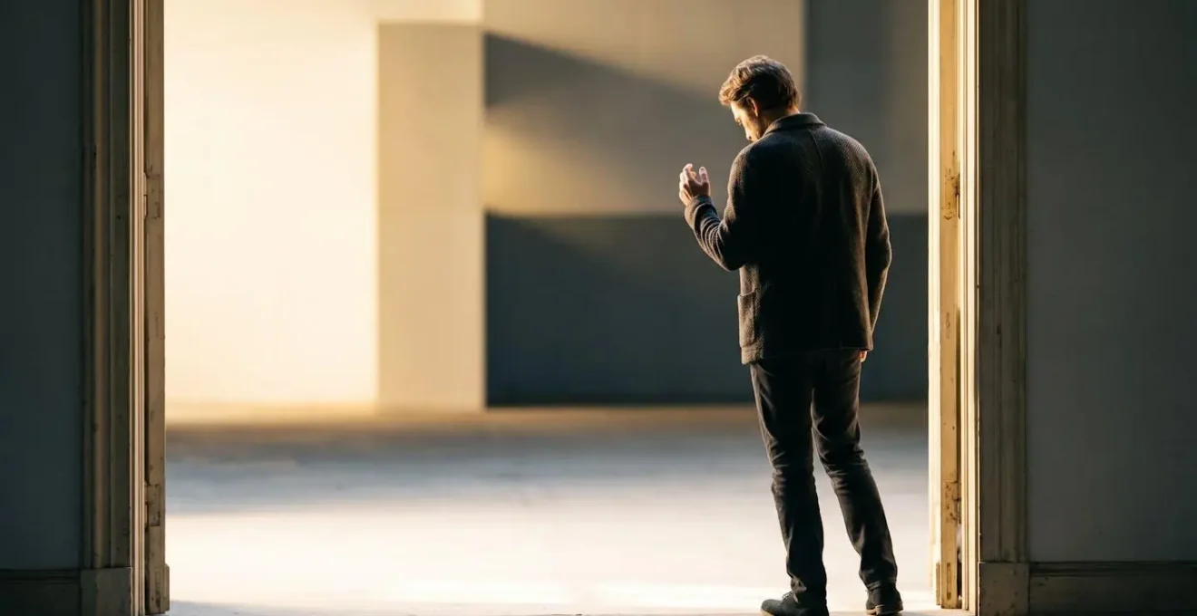 Human silhouette at architectural threshold representing the moment before engaging with challenging art