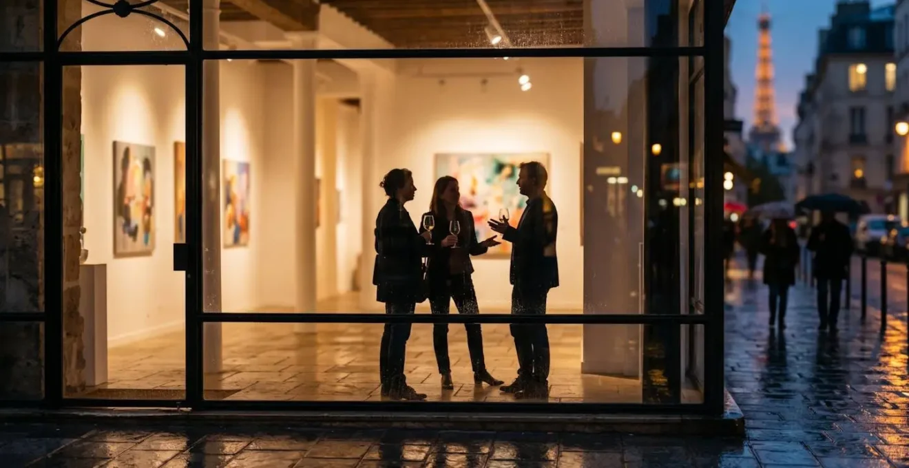 Warm evening ambiance of a Parisian gallery opening with soft lighting and gathered silhouettes