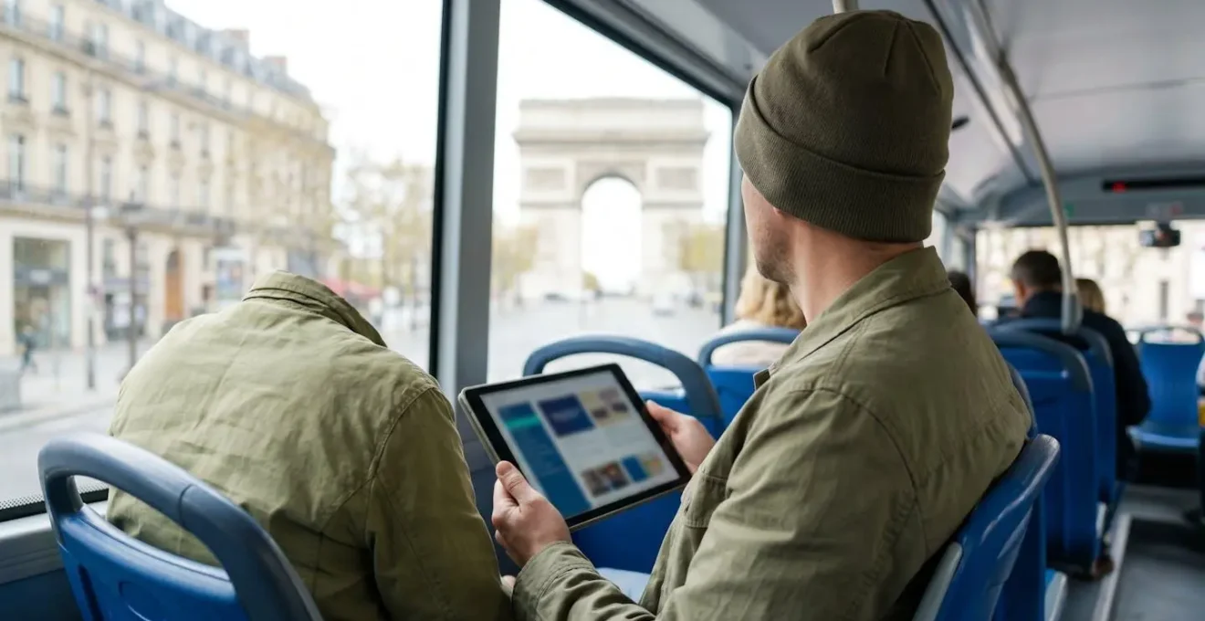 Over-the-shoulder view of a traveler consulting a tablet device while seated on an open-top tour bus, with blurred Parisian architecture visible in the background