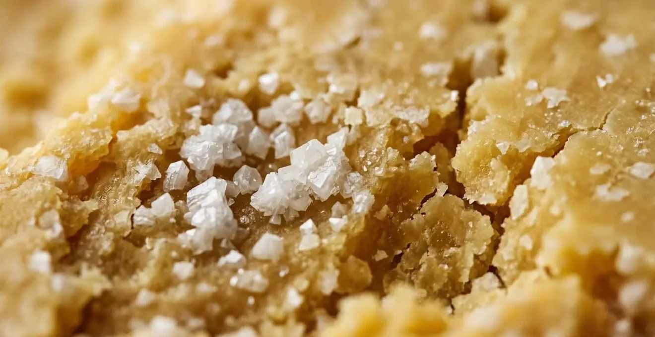 Extreme close-up of aged Comté cheese showing crunchy white tyrosine crystal formations embedded in golden cheese paste