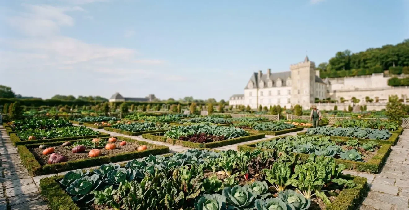 Organized geometric vegetable garden beds in autumn harvest abundance with warm late-season light