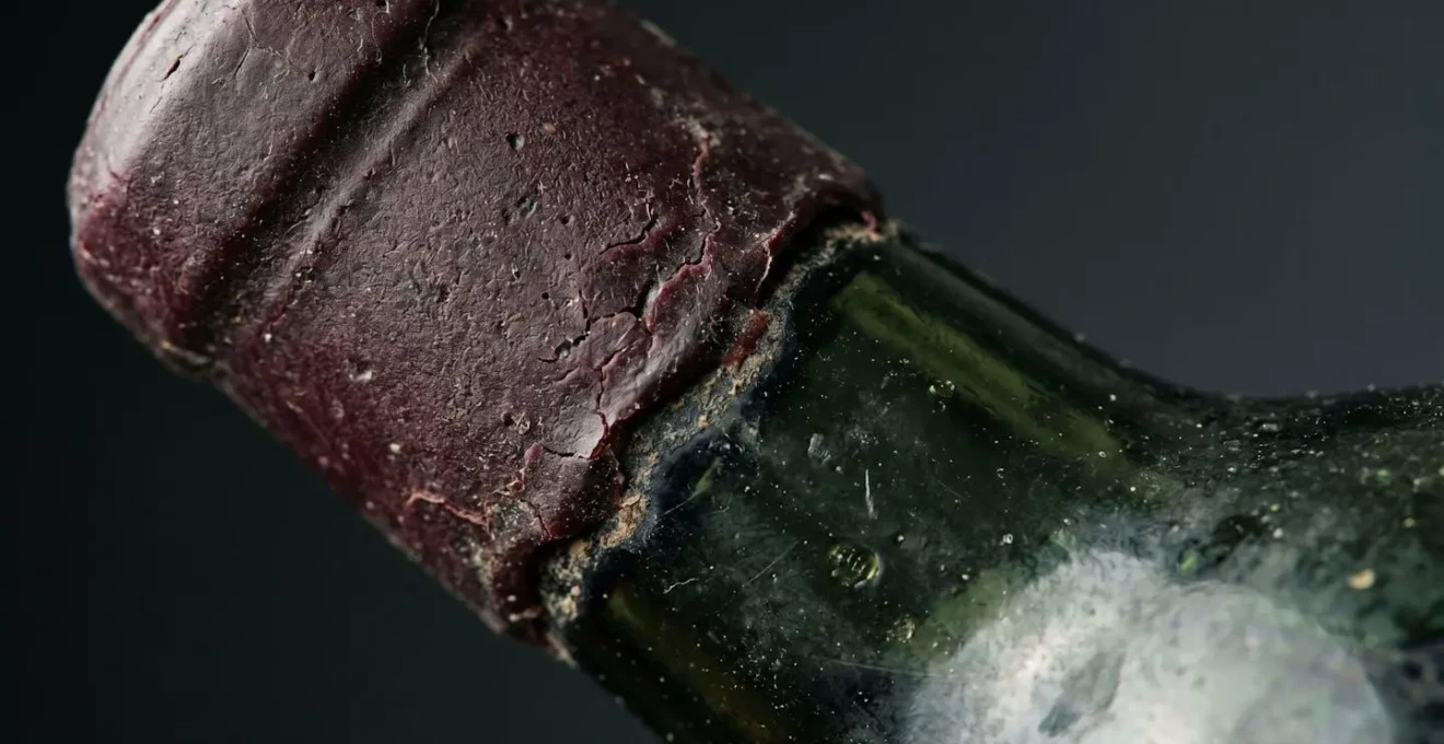 Extreme close-up of wine bottle showing authentication details like capsule texture and seal integrity