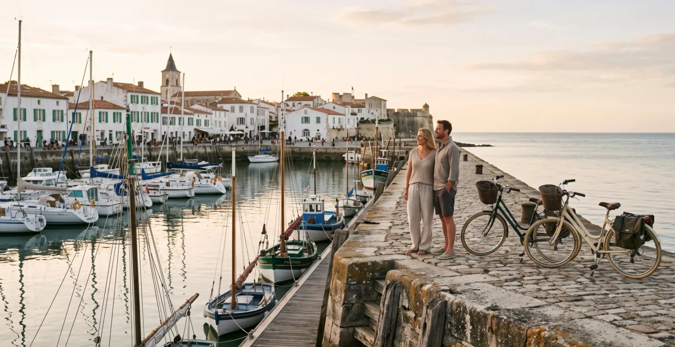 Couple admiring sailing boats and whitewashed houses at an Île de Ré harbour