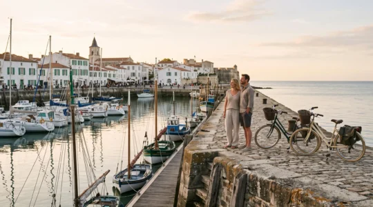 Couple admiring sailing boats and whitewashed houses at an Île de Ré harbour