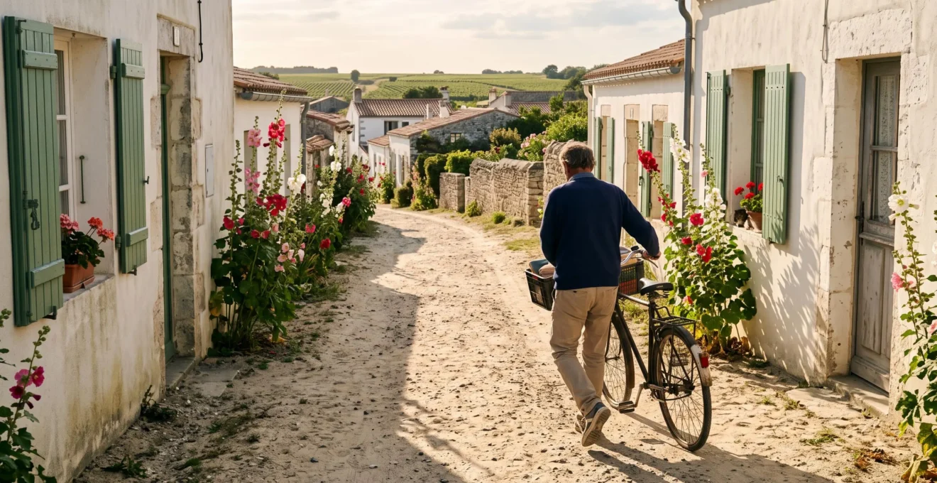 Man pushing a bicycle along a sandy lane between whitewashed island houses