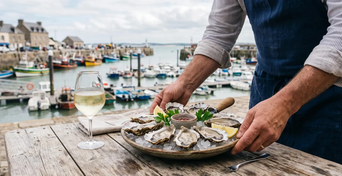 Waiter serving a fresh oyster platter on a terrace overlooking the harbour