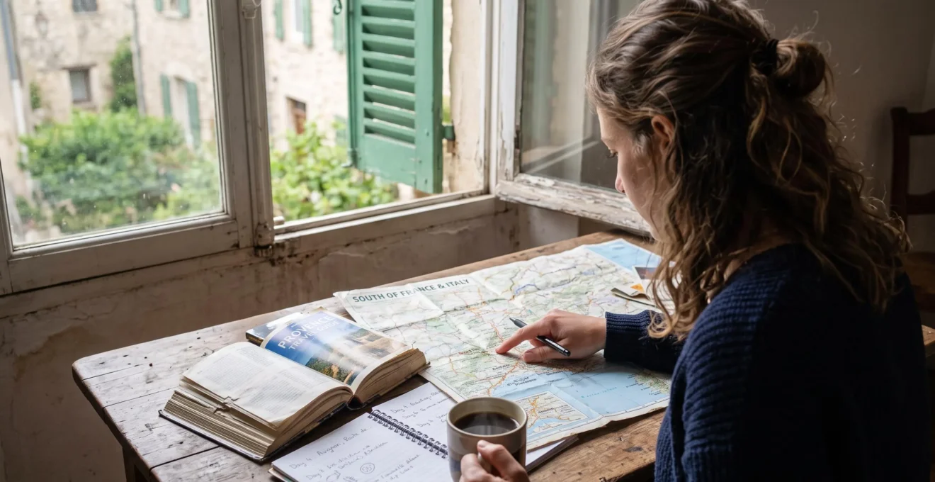 Woman planning a holiday route on a paper map at a wooden desk